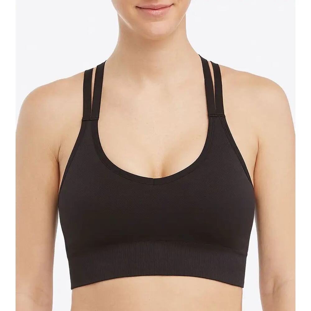 NWT Spanx black low impact athletic sport bra built-in cup liner size M comfort
